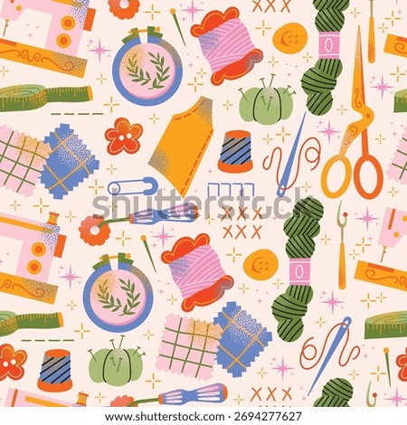 Sewing seamless pattern and embroidery tools sewing machine, scissors, thread spools, yarn, fabric patches, measuring tape, and needles. Flat vector illustration Handicraft and DIY concept