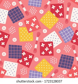 Sewing seamless pattern with fabric pieces, threads and buttons on pink background. Perfect for handmade work, wallpaper, gift paper, textile, texture. Vector illustration.