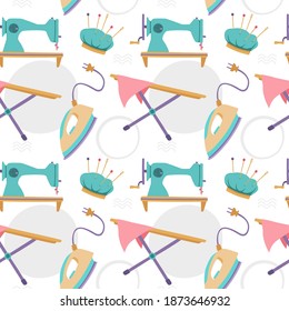 Sewing Seamless Pattern with Iron, Ironing Board, Sewing Machine, and Needle Bar. You can use this design to create poster, tshirt, pillow, tote bag, pouch, phone case, etc.