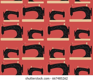 Sewing seamless pattern with sewing machine, needle. Vector illustration