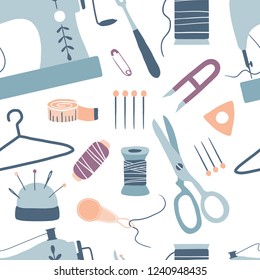 Sewing seamless pattern: sewing machine, scissors, thread, needles, measuring tape. Handmade. Arts and crafts hand drawn supplies. Tailor tools collection. Flat vector illustration of hobby equipment