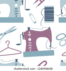 Sewing seamless pattern: sewing machine, scissors, thread. Handmade. Arts and crafts hand drawn supplies. Tailor tools collection. Flat vector illustration of hobby equipment. 