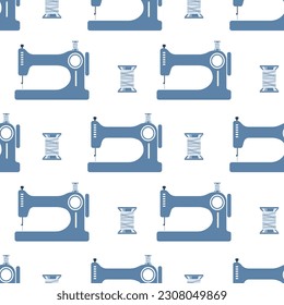 Sewing seamless pattern, sewing machines and spools of thread on a white background. Hobby background, print, textile, wallpaper, vector	
