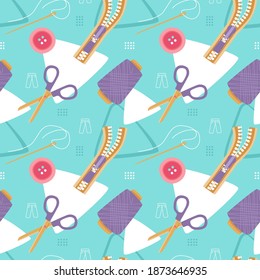 Sewing Seamless Pattern with Needle and Button, Zipper, Thread, and Scissors. You can use this design to create poster, tshirt, pillow, tote bag, pouch, phone case, etc.