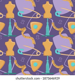 Sewing Seamless Pattern with Tailor Chalk, Safety Pin, Tape Measure, and Mannequin. You can use this design to create poster, tshirt, pillow, tote bag, pouch, phone case, etc.
