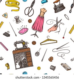 Sewing Seamless pattern. Tools and elements or materials for needlework. Tailor shop for badges labels. Thread and needle, mannequin. Engraved hand drawn realistic in old vintage sketch.