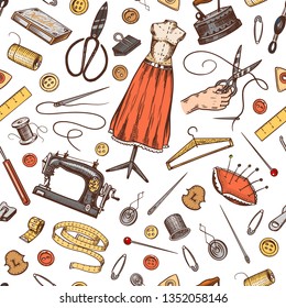 Sewing Seamless pattern. Tools and elements or materials for needlework. Tailor shop for badges labels. Thread and needle, mannequin. Engraved hand drawn realistic in old vintage sketch.