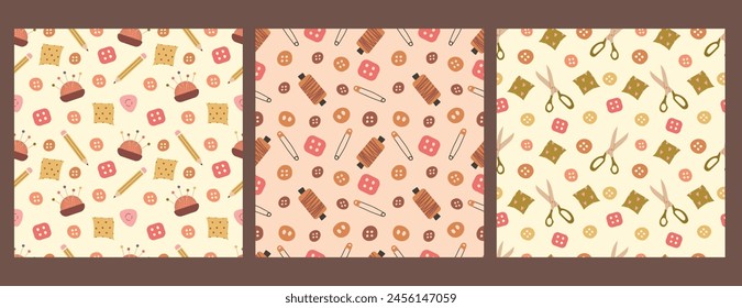 Sewing seamless patterns set. Pincushion, scissors, thread, pins and buttons. For wrapping paper, background, cover, case