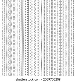 Sewing seams. Embroidery stripe, geometric stitched lines. Sew stitch or seam, seamless fabric borders. Isolated decorative cross embroidered, nowaday vector elements