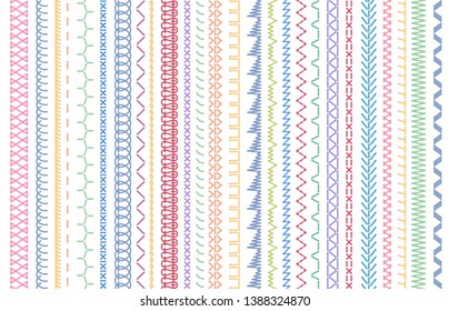 Sewing seams patterns. Embroidery craft sew pattern, fashion seam brush and colorful stitches stitched fabric vector illustration set