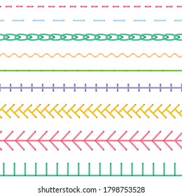 La costura es de costura sin costura. Patrón de coser de embarcaciones de bordado, cepillo de costura de moda y puntos de color de tela cosida conjunto de ilustración vectorial