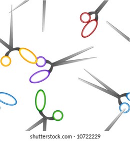 Sewing series. Scattered scissors with colorful plastic handles. Seamless vector in any direction.