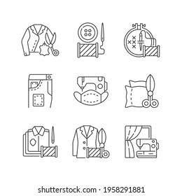 Sewing services linear icons set. Leather outfit. Button replacement. Embroidery and cross stitching. Customizable thin line contour symbols. Isolated vector outline illustrations. Editable stroke