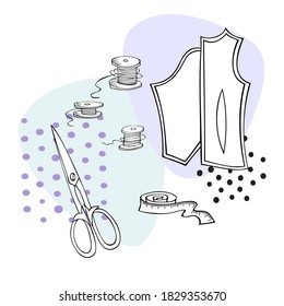 Equipo de coser con accesorios de coser. Instrumentos para la costura. Ilustración vectorial sobre fondo blanco.