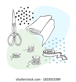 Sewing set with sewing accessories. Instruments for dressmaking. Vector illustration on white background.