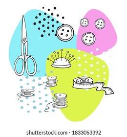 Sewing set with sewing accessories. Instruments for dressmaking. Vector illustration on white background.