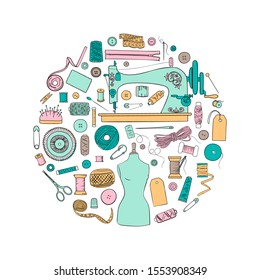 Sewing set in bauble shape. Threads, pins, needles, patch, zipper. For wrapping, tailor shop,