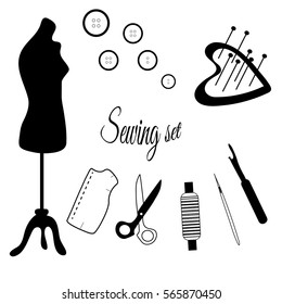 sewing set black white flat icons for sewing business