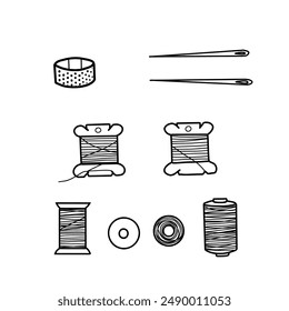 Sewing Set of different Threads Spools, Needles and Thimble. Hand drawn Vector illustration of Accessories for Stitching. Tools for seamstress, handicraft in doodle style, isolated on white background