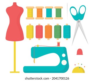 Sewing set of elements. Collection of threads, scissors, manikin, sewing machine, needle. Vector illustration in a flat style. Sewing tools.