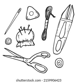 Sewing set. Free hand drawing, sketch style line icons