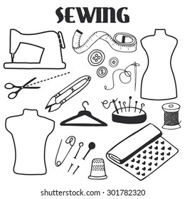 Sewing set. Hand-drawn cartoon tools. Doodle drawing vector illustration. 