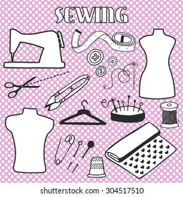 Sewing set. Hand-drawn cartoon tools. Doodle drawing. Vector illustration. 
