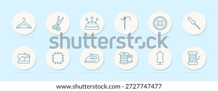 Sewing set icon. Hanger, scissors, pin cushion, needle, button, awl, machine, patch, iron, spool, mannequin, thread. Tailor, textile, tool, fashion, fabric, craft, design, handmade, stitch.