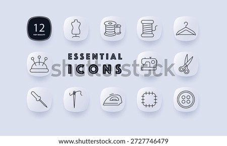 Sewing set icon. Mannequin, thread, spool, needle, scissors, button, iron, pin cushion, seam ripper, patch, hanger drawn in clean outlined tailoring theme.