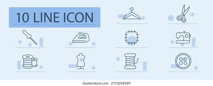 Icono de conjunto de costura. Aguja, plancha, percha, tijeras, parche, máquina, carrete, maniquí, hilo, Botón. Sastre, textil, diseño, costura, artesanía, estilo, tela, ropa, ropa, herramienta.