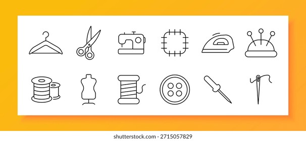 Icono de conjunto de costura. Aguja, hilo, Botón, tijeras, colgador, hierro, carrete, máquina, maniquí, tela, pin, sastre, puntada, textil, artesanía, patrón, ropa, moda, taller, diseño