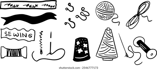 Conjunto de costura Ilustración | Lindo Vector minimalista Doodle para Diseños de manualidades y bricolaje