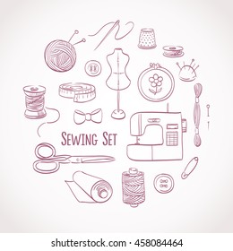 Sewing set. Kit for needlework and embroidery. Illustration with needle, thread, scissors, buttons, pin, spool, thimble, machine, mannequin.