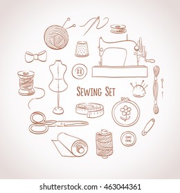 Sewing set. Kit for needlework and embroidery. Illustration with needle, thread, scissors, buttons, pin, spool, thimble, machine, mannequin.