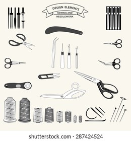 Sewing set.  Needle, thread, bobbin, sewing scissors, pin, hook for knitting. Vector black and white illustration.