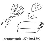 Sewing set with scissor thread spool needle and thimble in outline hand drawn vector illustration. Hobby craft concept symbolizing tailoring handmade creativity and workshop