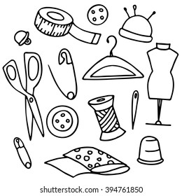 Sewing set with scissors, hanger, mannequin, cloth, thimble, thread, needles, buttons, safety pins.  Set of simple contour drawings