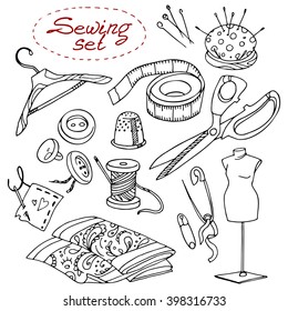 Sewing set with scissors, hanger, mannequin, cloth, thimble, thread, needles, buttons, safety pins. Hand-drawn design elements.