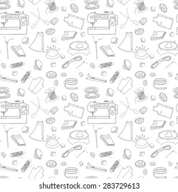 Sewing set, seamless background, Thread for sewing, supplies and accessories for sewing on light background. Vector sewing equipment