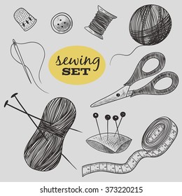 Sewing set. Thimble, needle, thread, bobbin, scissors. Vector black and white illustration