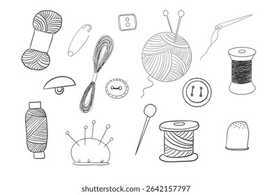 Sewing set with thread, needle doodle hand drawn. Handmade crafts embroidery collection. Vintage tailor kit. Sewing accessories