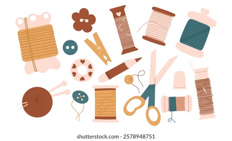 Sewing set. Threads, yarn, scissors, pencil, buttons for handmade work. Handcraft vector hand draw illustration. Elements for needlework on isolated white background.