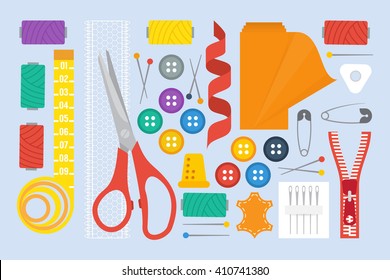 Sewing set with tools, scissors and fabric roll. Tailor kit. Vector illustration