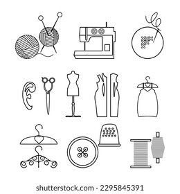 Sewing set vector illustration. Handmade, fashion, craft. Flat elements for sewing workshop, tailoring atelier. Line style icons.