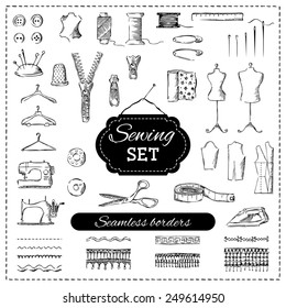 Sewing set. Vector set of sketch sewing elements. Pencil illustration. 