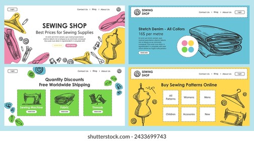 Sewing shop concept, web page template design set. Buy fabric online, vector illustration collection. Landing banner with professional supplies, sewing machine, textile and threads hand drawn element