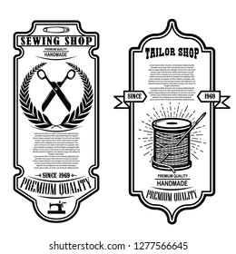 Sewing Shop Flyer Template. Sew, Tailor Tools. Design Element For Emblem, Sign, Poster, Card, Banner. Vector Illustration