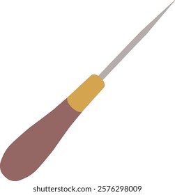 Sewing short awl with wooden handgrip icon. Bradawl sign. Leather sewing awl symbol. Leather craft tool. flat style.