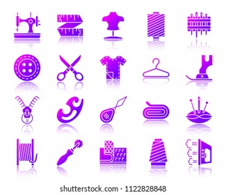 Sewing silhouette icons set with reflection. Violet sign kit of fashion. Embroidery vector pictogram collection includes sewing machine, foot, scissors. Purple gradient simple sewing icon isolated