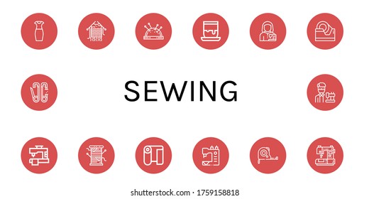 sewing simple icons set. Contains such icons as Pencil dress, Knitting, Pin cushion, Handicrafts, Tailor, Tape, Sewing machine, Thread, Fabric, can be used for web, mobile and logo